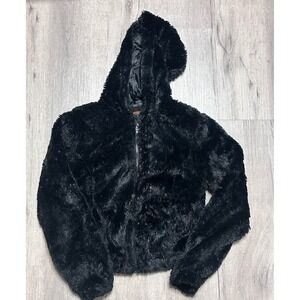 Ambiance Outerwear Black Faux Fur Hooded Jacket Zip Up 70569 Womens Medium